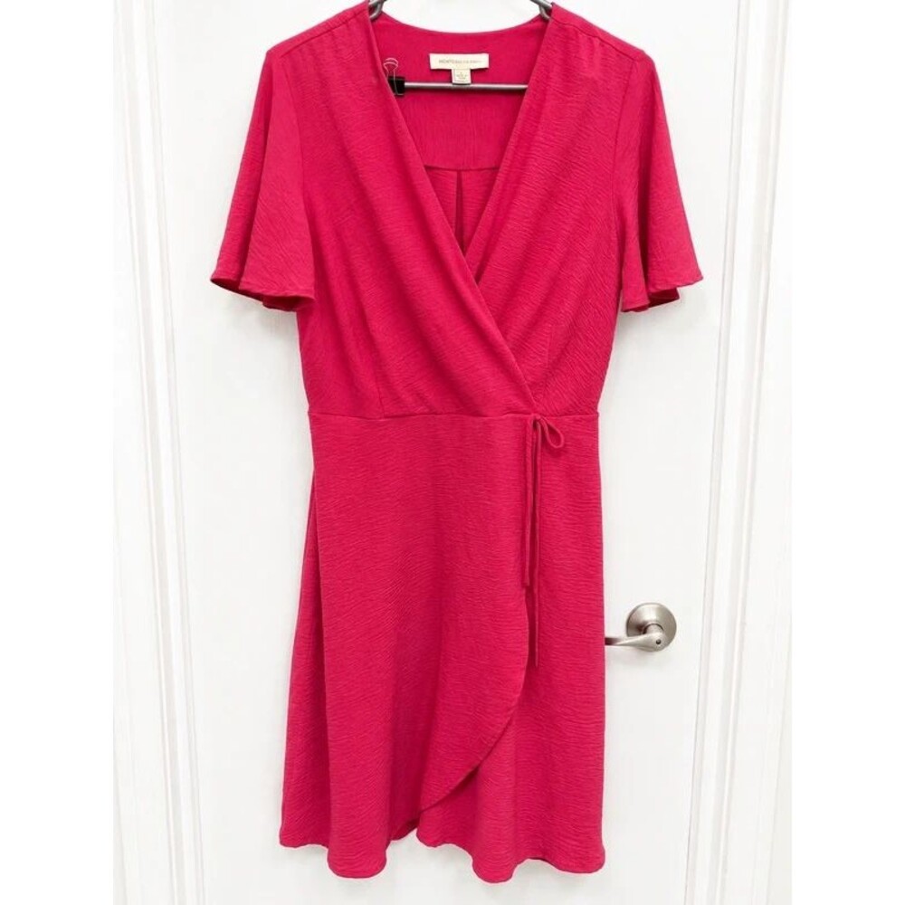 Monteau Los Angeles Women’s Large Pink Wrap Dress Flutter Sleeve Faux Wrap